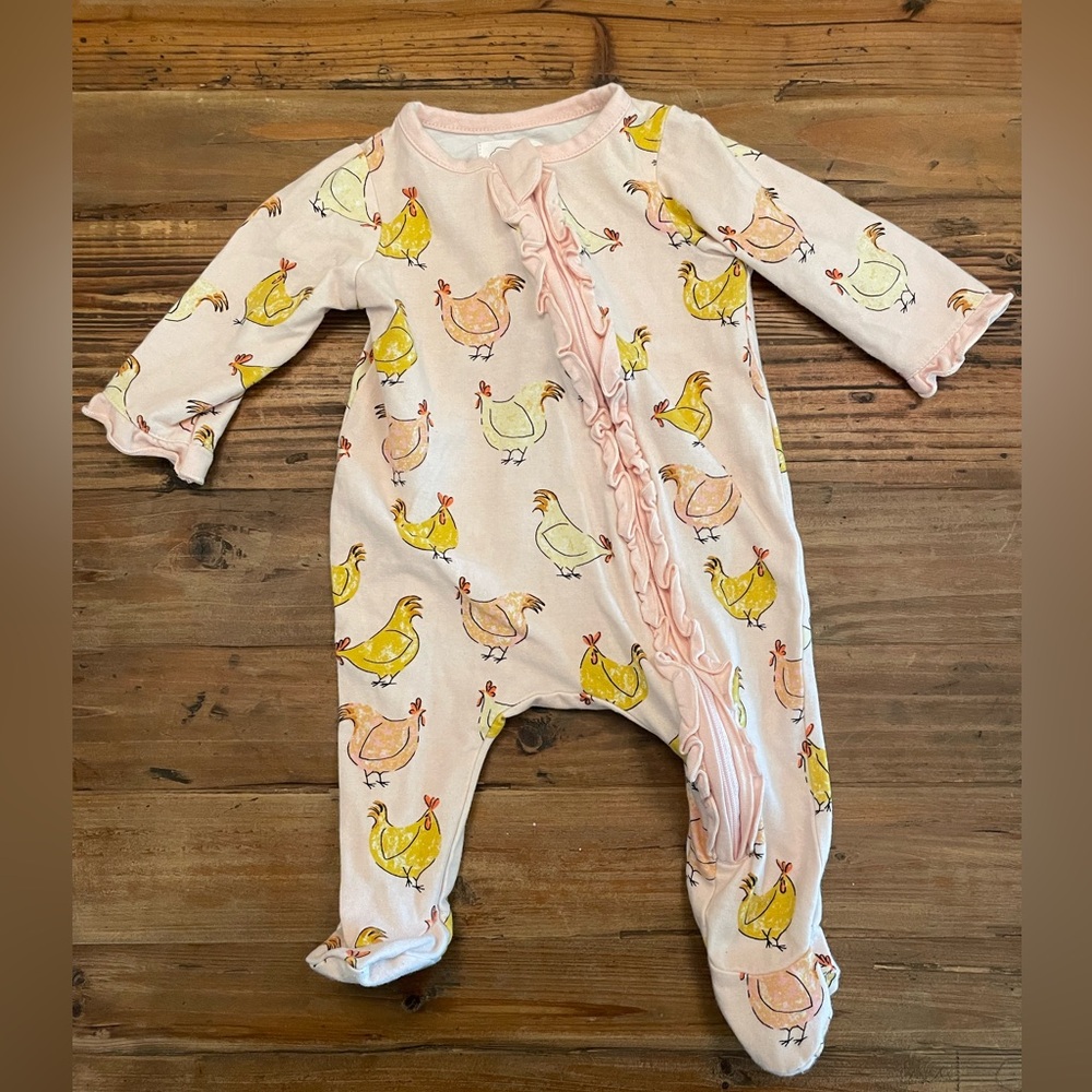 baby girls zip footed pajama onesie mudpie brand pink chicken pattern w/ ruffles